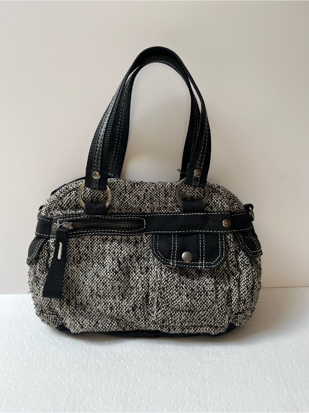 Vintage Dakine Mini Tote Bag Y2K Multi Pocket Canvas Purse Black White